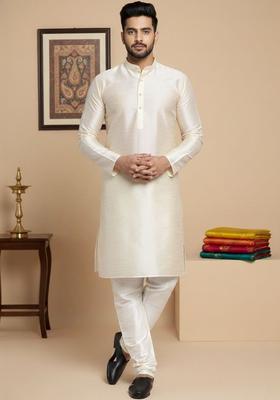 Off White Self Design Silk Kurta Set For Men
