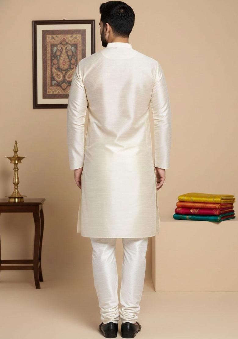 Off White Self Design Silk Kurta Set For Men - Indya