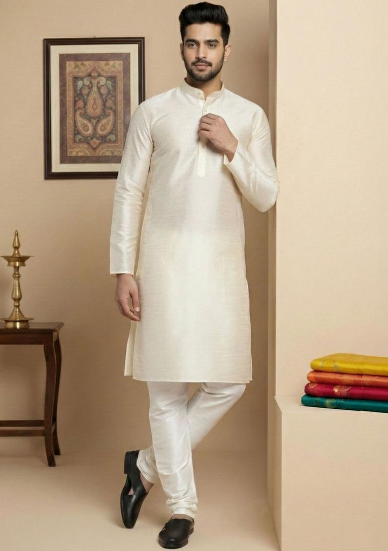 Off White Self Design Silk Kurta Set For Men - Indya