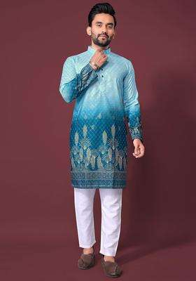 Blue Printed Viscose Kurta Set For Men