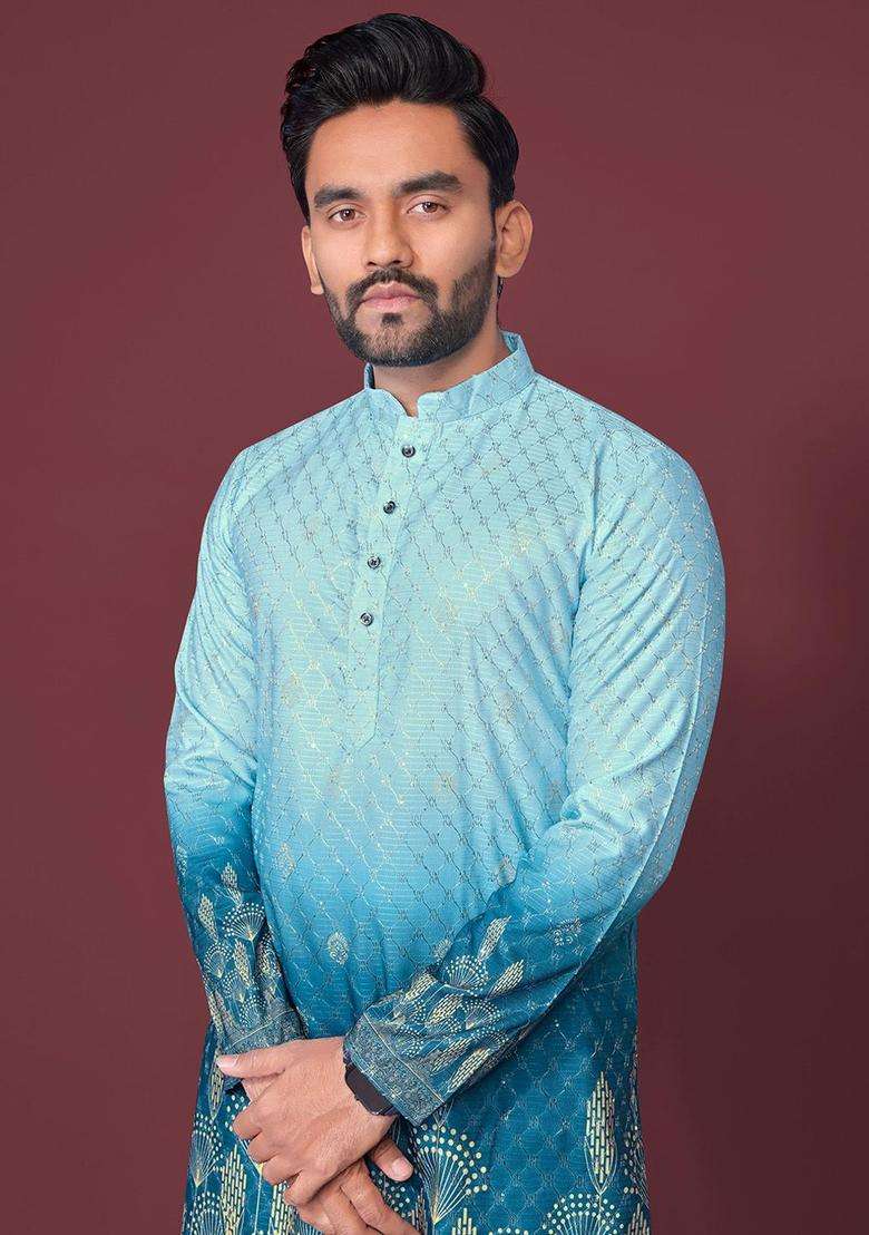 Blue Printed Viscose Kurta Set For Men - Indya