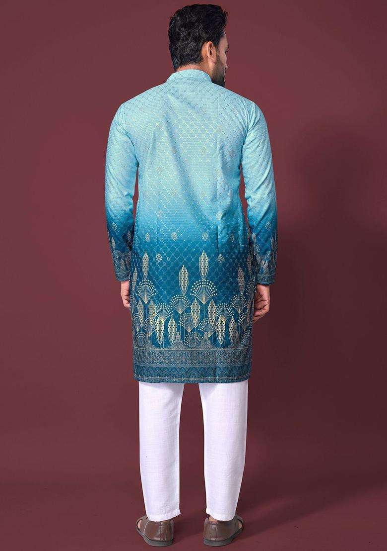 Blue Printed Viscose Kurta Set For Men - Indya