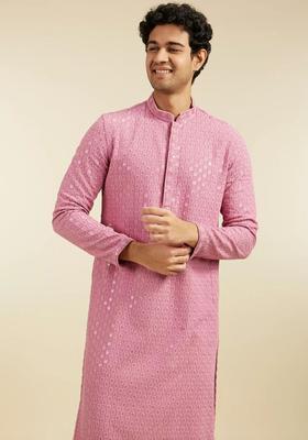 Pink Woven Design Viscose Kurta Set For Men