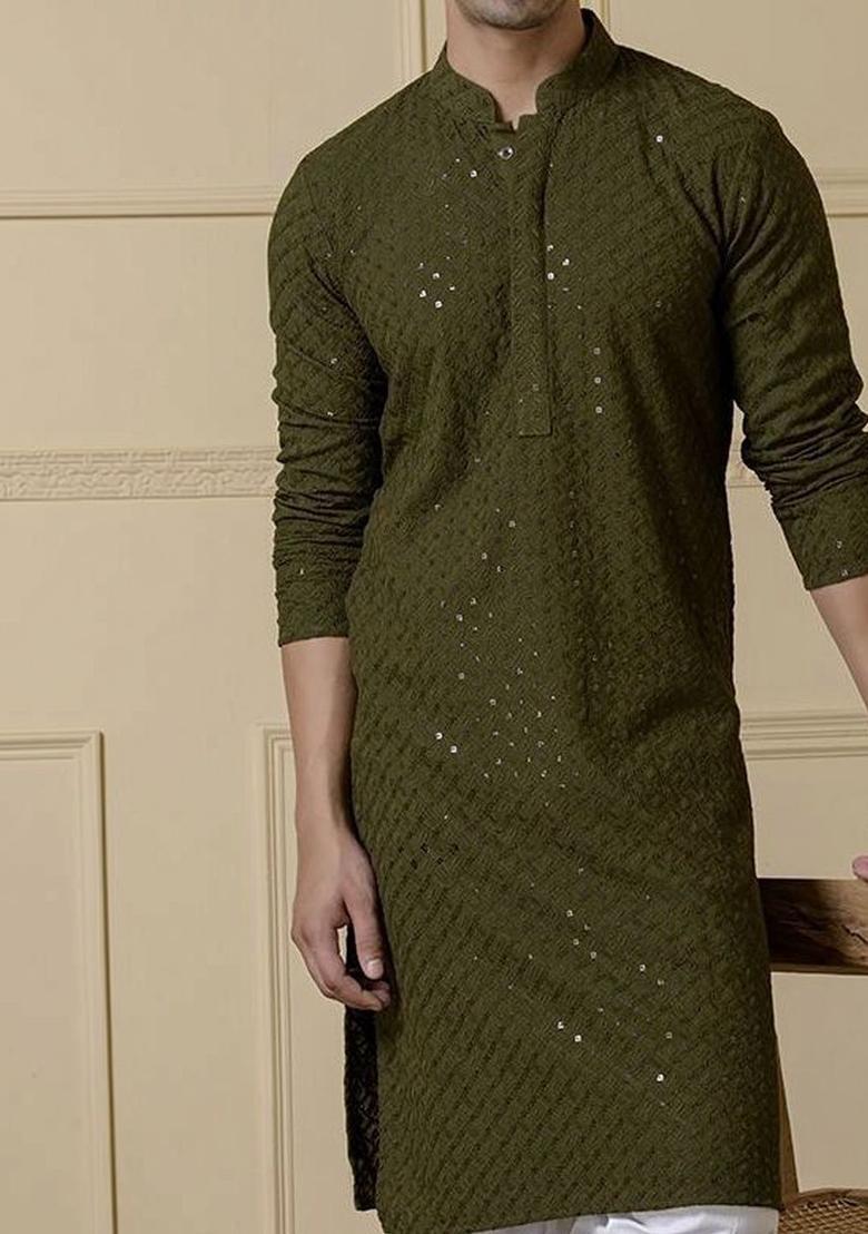 Olive Self Design Polyester Kurta Set For Men - Indya