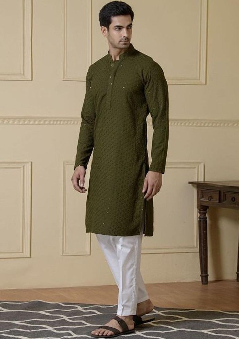 Olive Self Design Polyester Kurta Set For Men - Indya