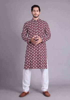 Maroon Embroidered Cotton Kurta Set For Men