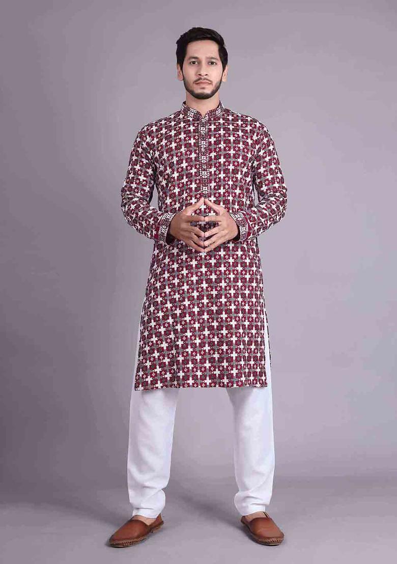Maroon Embroidered Cotton Kurta Set For Men - Indya