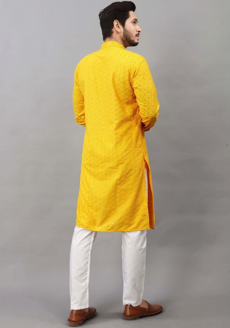 Yellow Embroidered Viscose Kurta Set For Men - Indya
