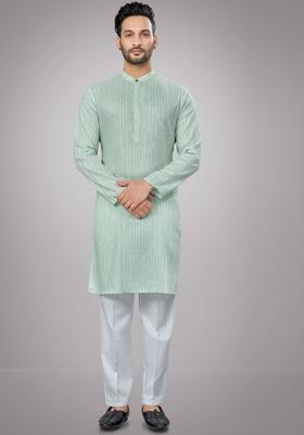 Green Woven Design Cotton Kurta Set For Men