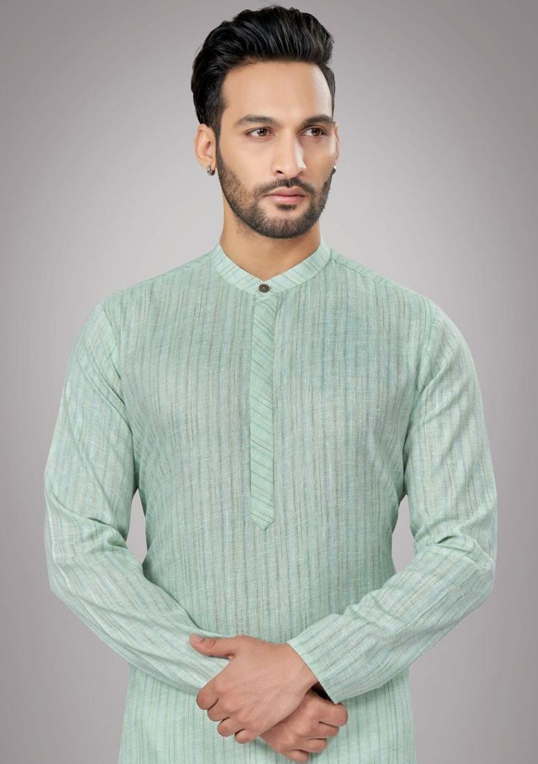 Green Woven Design Cotton Kurta Set For Men - Indya