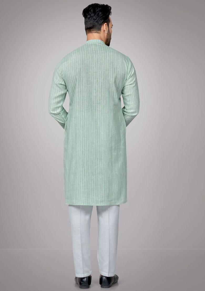Green Woven Design Cotton Kurta Set For Men - Indya