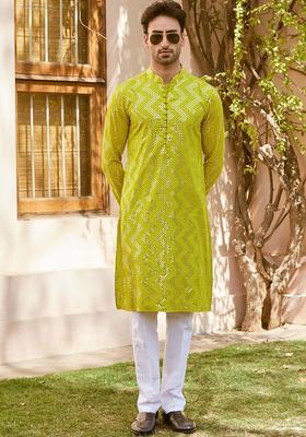 Lime Green Self Design Cotton Kurta Set For Men
