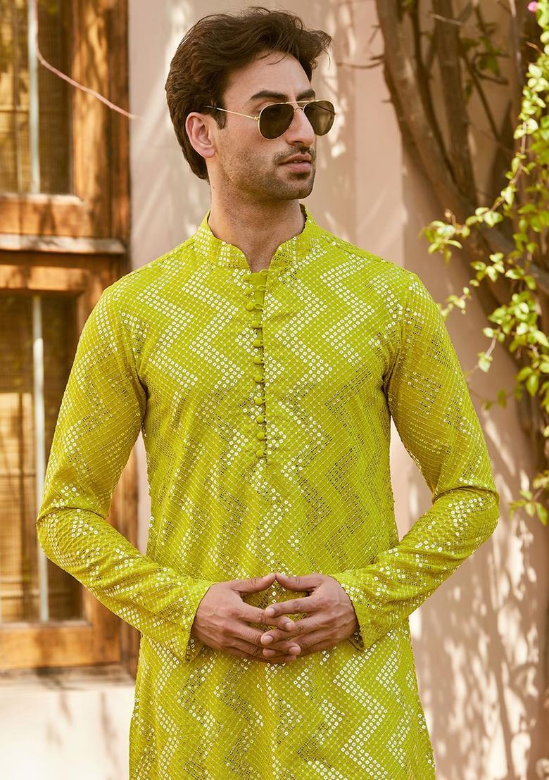 Lime Green Self Design Cotton Kurta Set For Men - Indya