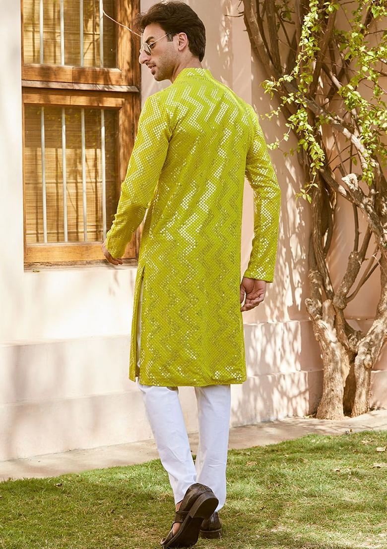 Lime Green Self Design Cotton Kurta Set For Men - Indya