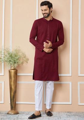 Maroon Embroidered Viscose Kurta Set For Men