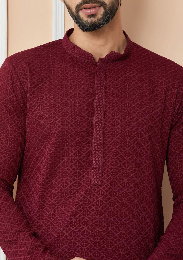 Maroon Embroidered Viscose Kurta Set For Men - Indya