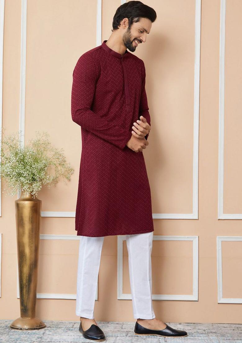 Maroon Embroidered Viscose Kurta Set For Men - Indya