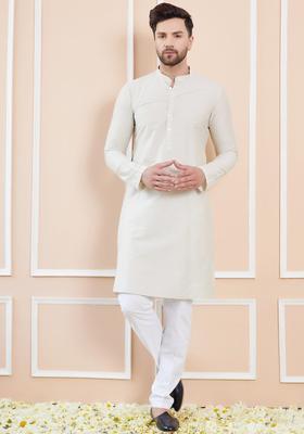 Cream Solid Cotton Kurta Set For Men