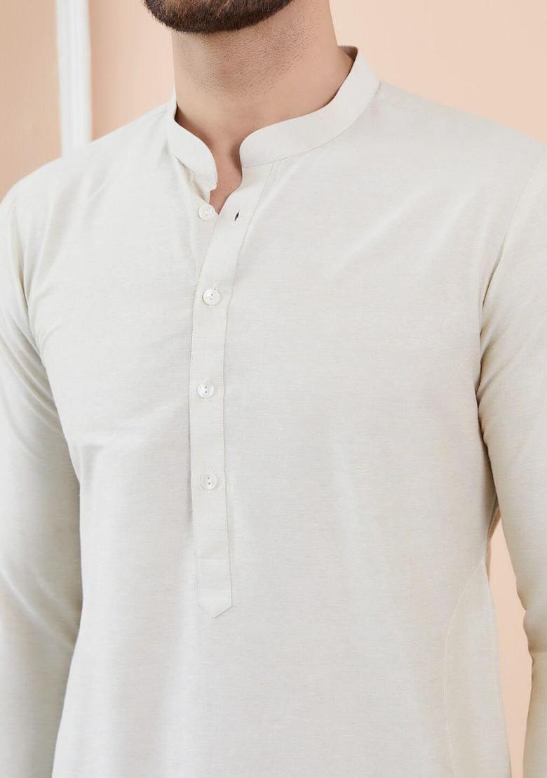Cream Solid Cotton Kurta Set For Men - Indya