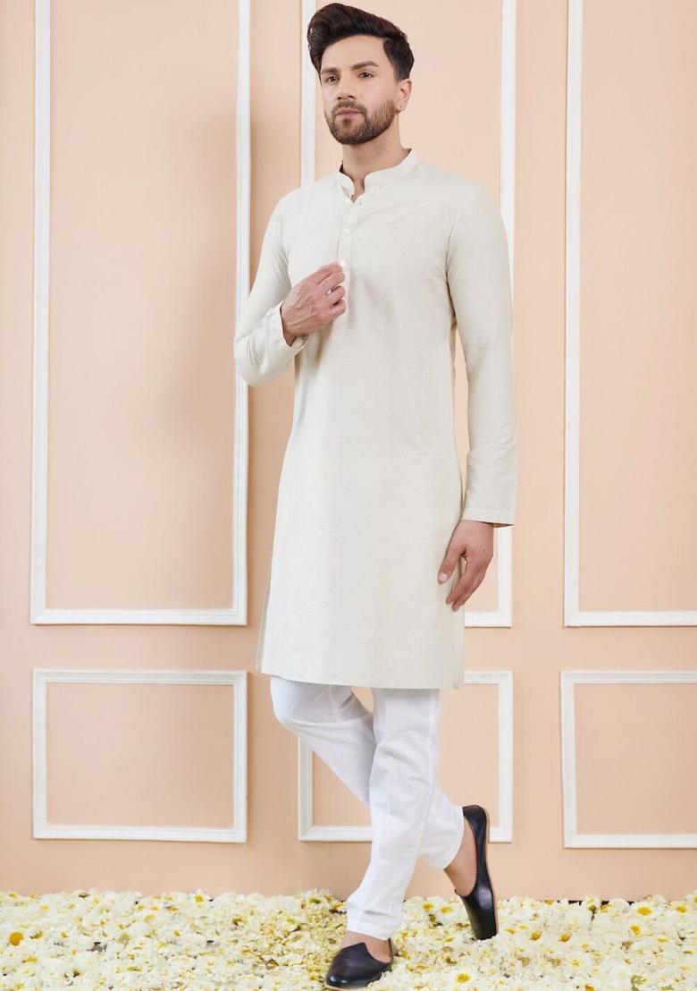 Cream Solid Cotton Kurta Set For Men - Indya
