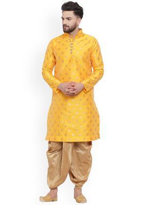 Yellow Woven Design Silk Kurta Set For Men