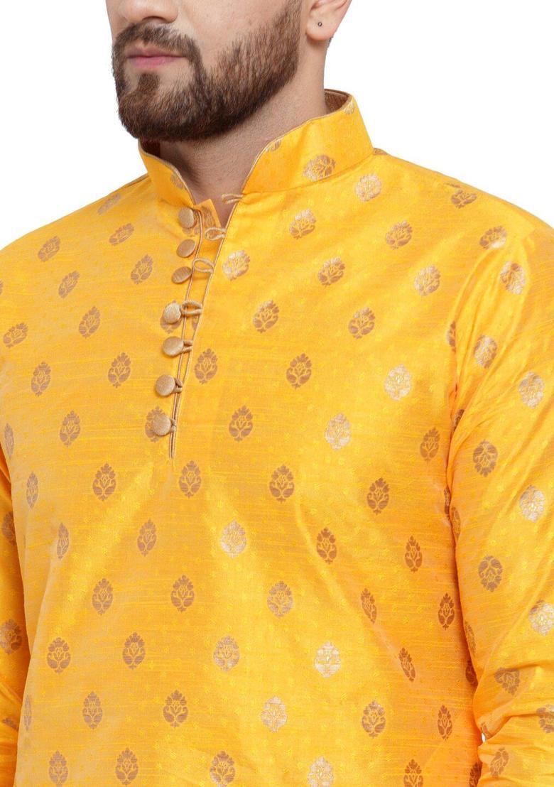 Yellow Woven Design Silk Kurta Set For Men - Indya