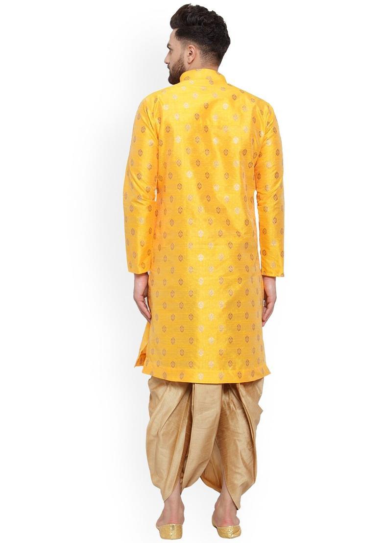 Yellow Woven Design Silk Kurta Set For Men - Indya