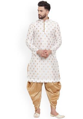 White Woven Design Silk Kurta Set For Men
