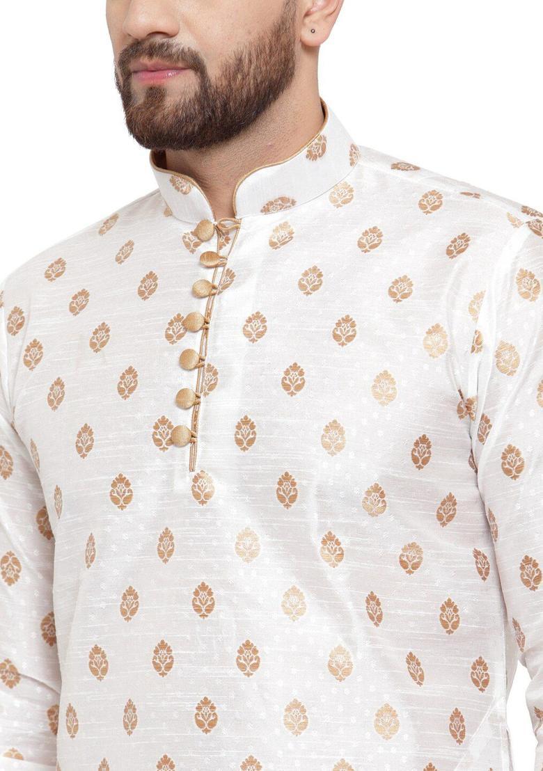 White Woven Design Silk Kurta Set For Men - Indya