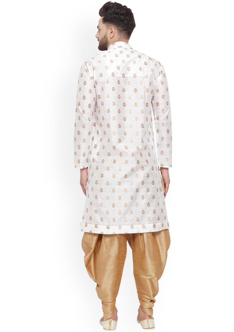 White Woven Design Silk Kurta Set For Men - Indya