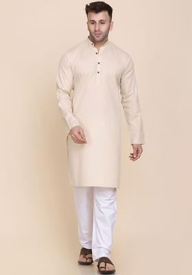 Beige Solid Cotton Kurta Set For Men