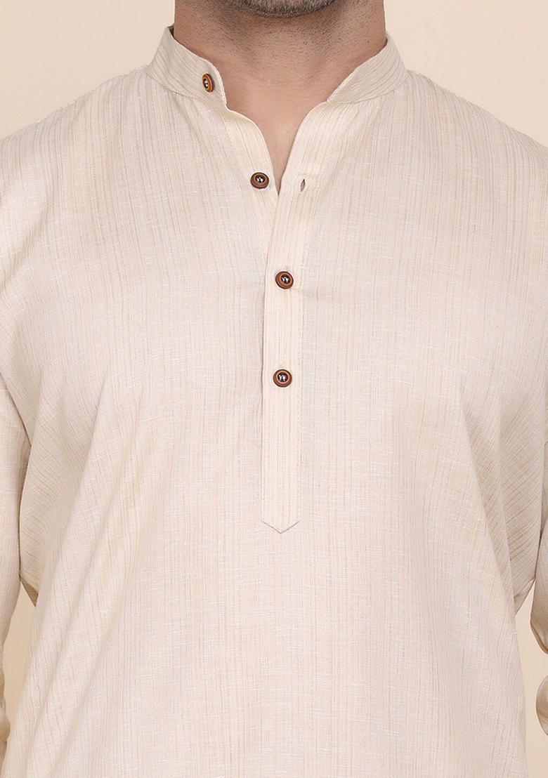 Beige Solid Cotton Kurta Set For Men - Indya