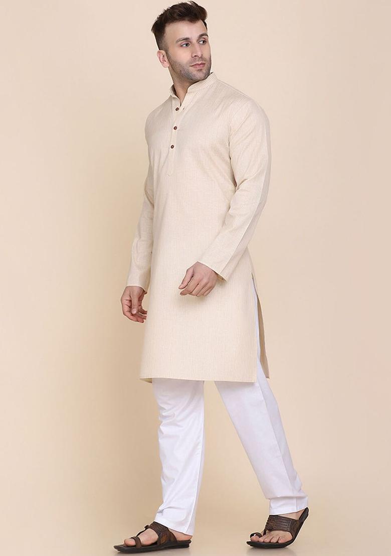Beige Solid Cotton Kurta Set For Men - Indya