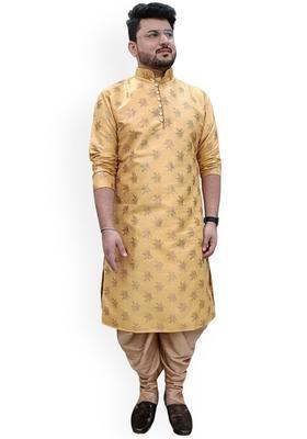Yellow Woven Design Silk Kurta Set For Men