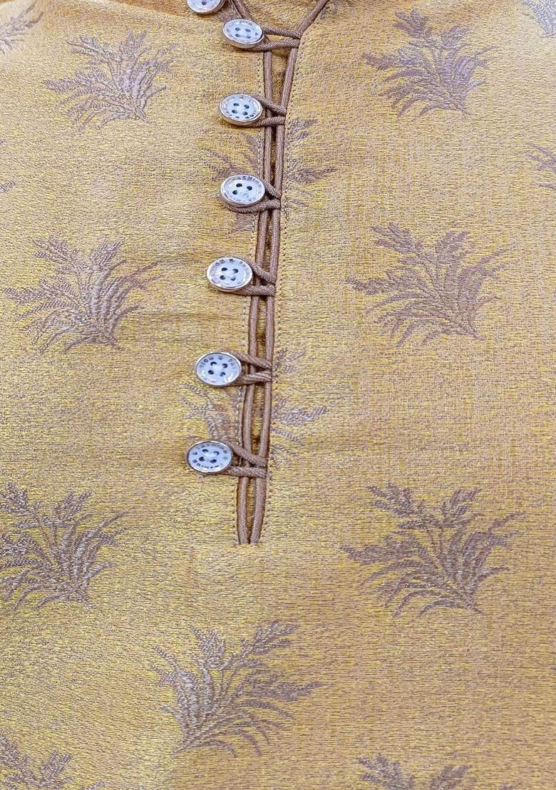 Yellow Woven Design Silk Kurta Set For Men - Indya