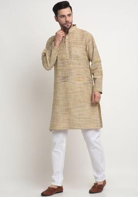Cream Solid Cotton Kurta Set For Men