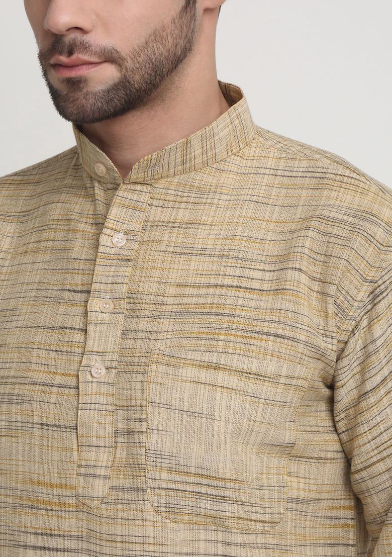 Cream Solid Cotton Kurta Set For Men - Indya