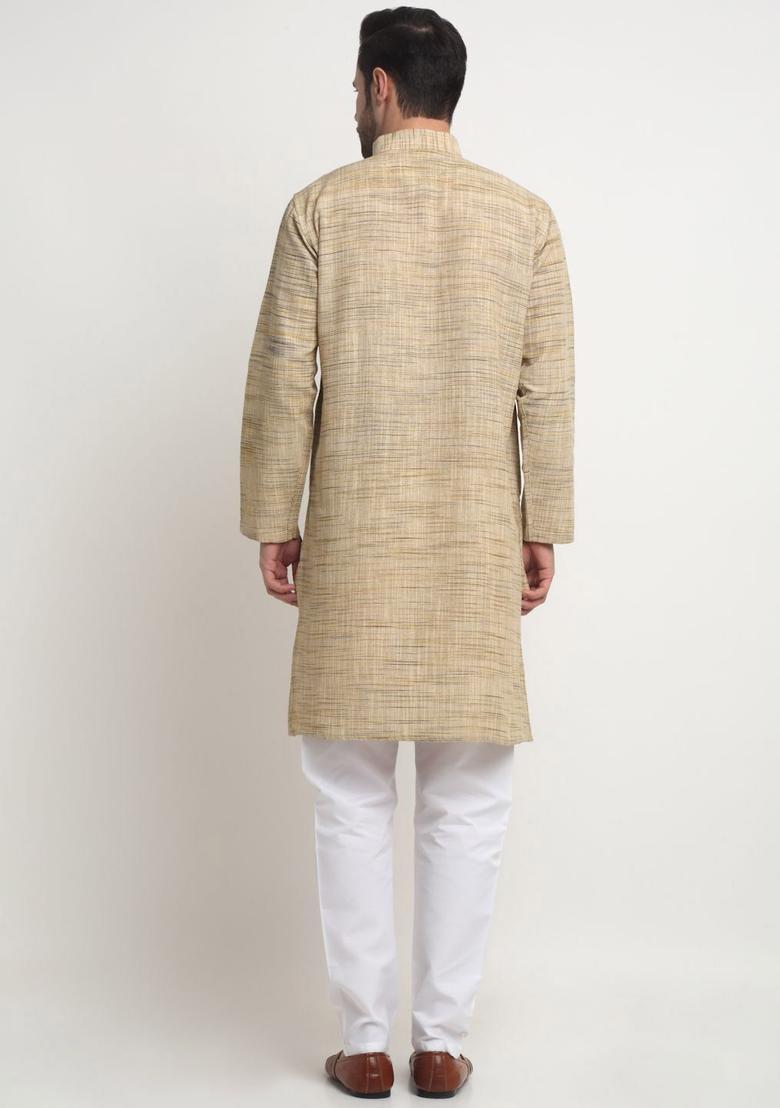 Cream Solid Cotton Kurta Set For Men - Indya
