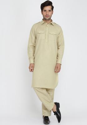 Beige Solid Cotton Kurta Set For Men