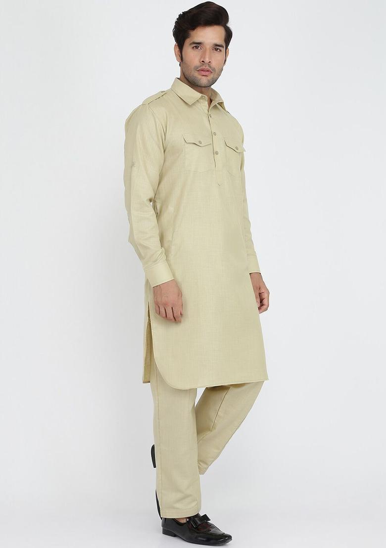 Beige Solid Cotton Kurta Set For Men - Indya