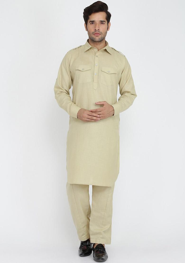 Beige Solid Cotton Kurta Set For Men - Indya