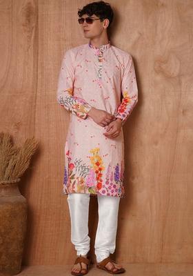 Pink Embroidered Cotton Kurta Set For Men