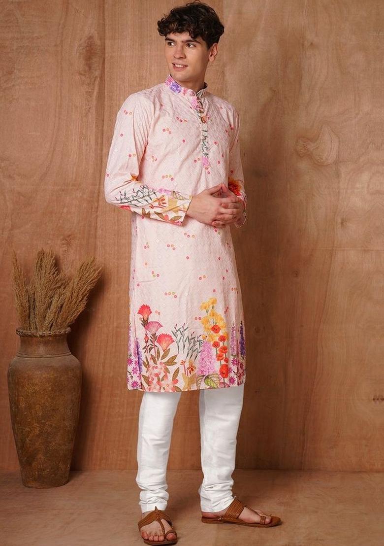 Pink Embroidered Cotton Kurta Set For Men - Indya