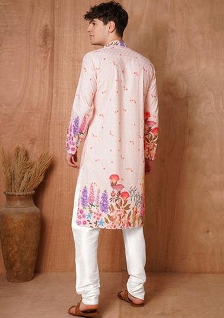 Pink Embroidered Cotton Kurta Set For Men - Indya