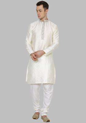 Cream Self Design Silk Kurta Set For Men