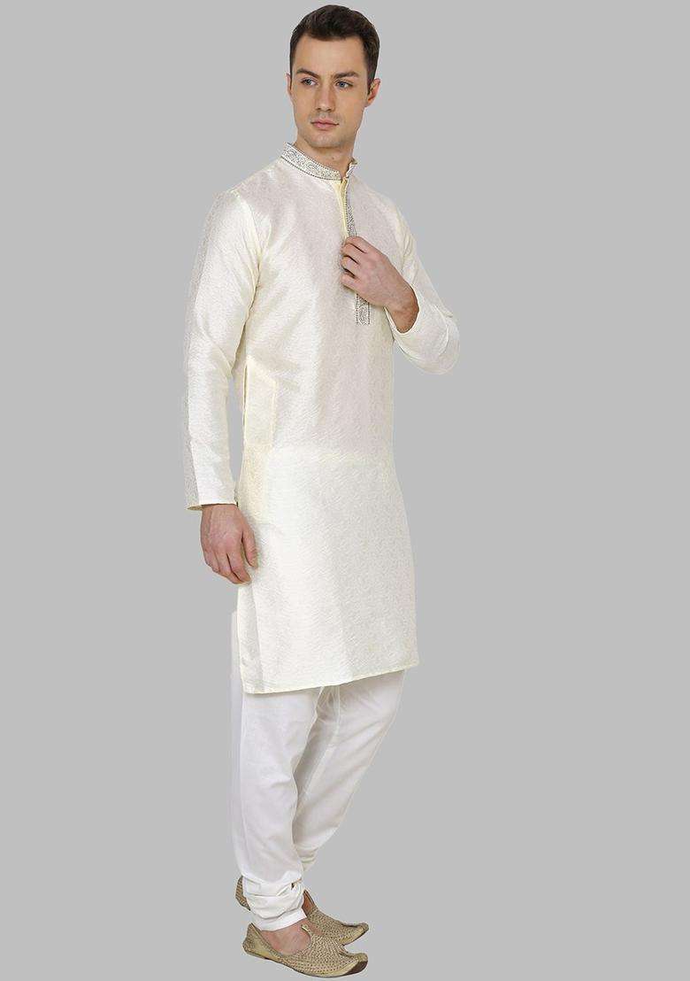 Cream Self Design Silk Kurta Set For Men - Indya