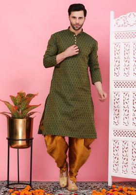 Olive Woven Design Cotton Kurta Set For Men