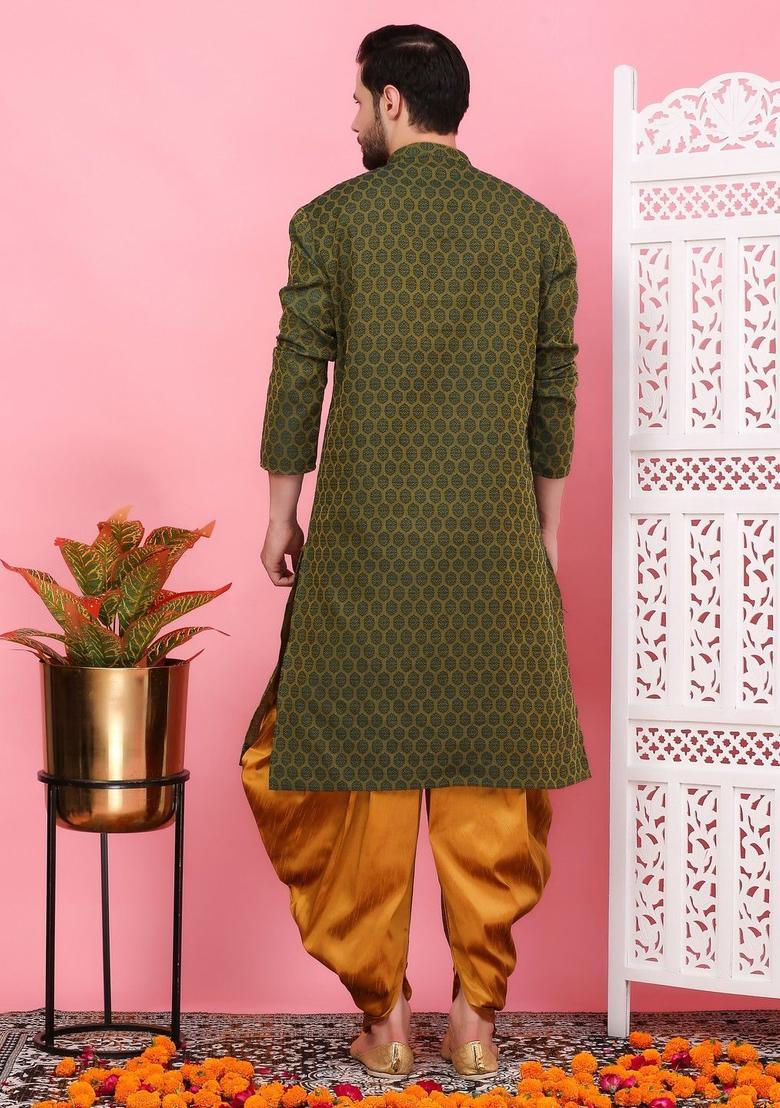 Olive Woven Design Cotton Kurta Set For Men - Indya