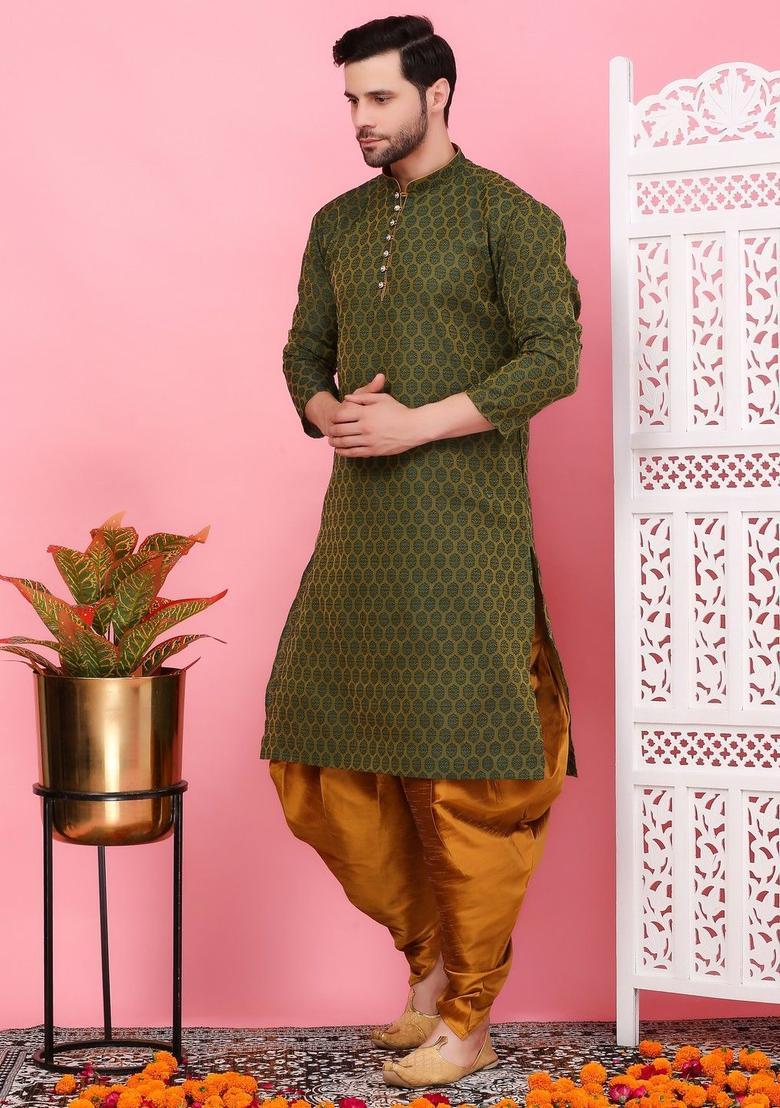 Olive Woven Design Cotton Kurta Set For Men - Indya