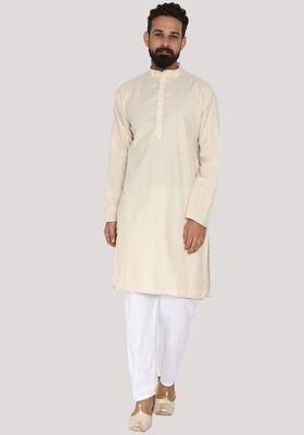 Cream Solid Cotton Kurta Set For Men